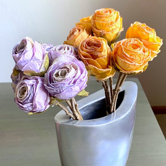 Purple Tangerine Artificial Faux Flowers Bundle of 6 Bouquet Dried Vintage Roses - Picture 1 of 7